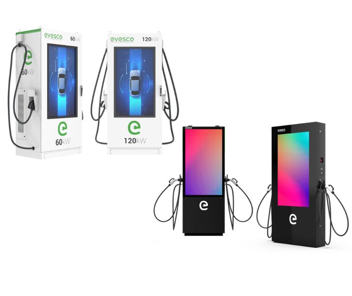 AC un DC uzlādes iekārtas ar media ekrānu reklāmām