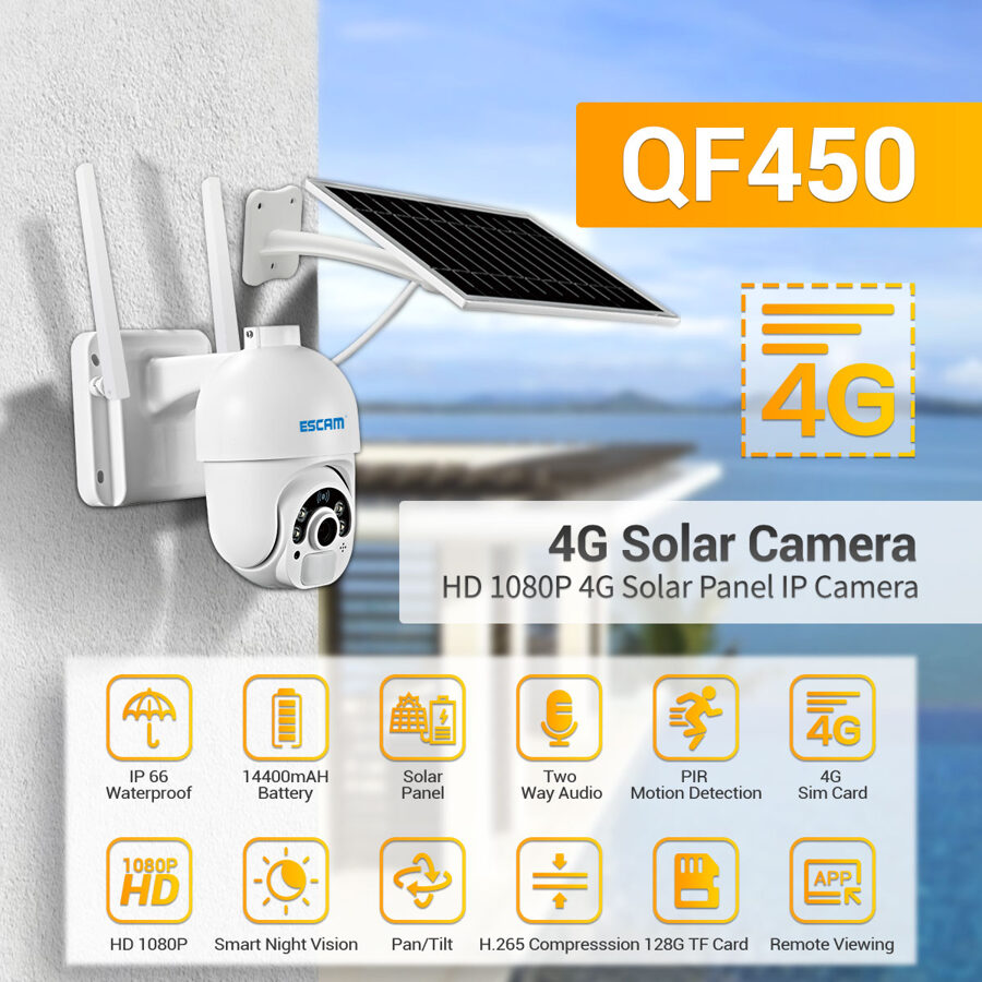 ESCAM QF450 4G 2MP bezvadu Full HD video novērošanas kamera ar saules paneli