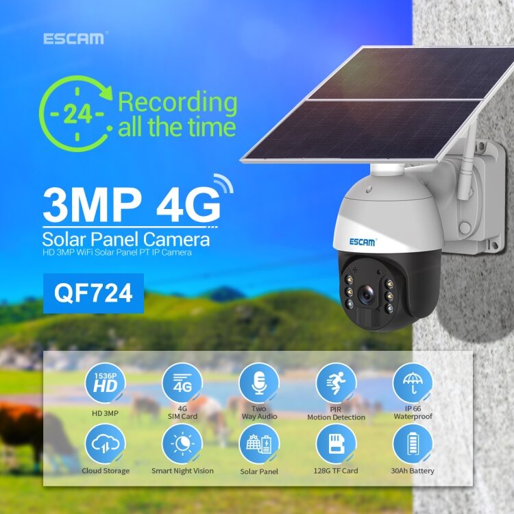 ESCAM QF724 4G 3MP bezvadu Full HD video novērošanas kamera ar saules paneli