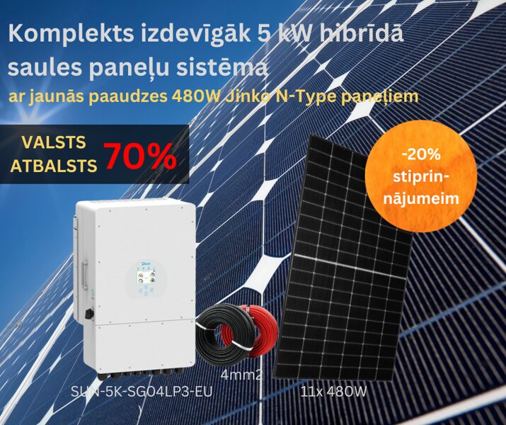 Komplekts: Deye SUN-5K-SG04LP3-EU 5kW invertors + 11 x 480W (5.28 kW) saules panelis + 100m kabelis