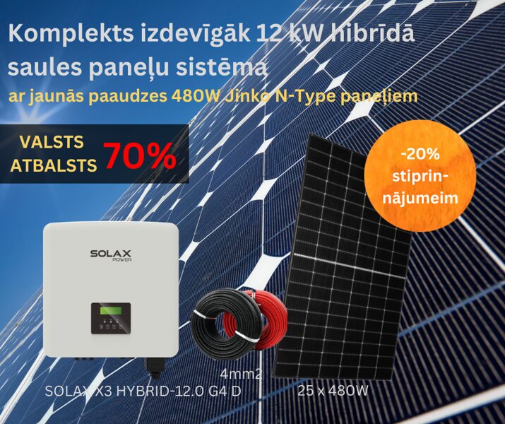 Komplekts: SOLAX X3 HYBRID-12.0 G4 D 12kW invertors + 25 x 480W (12 kW) saules panelis + 100m kabelis