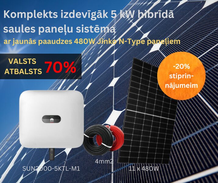 Komplekts: Huawei SUN2000-5KTL-M1 5kW hibrīd-invertors + 11 x 480W (5.28 kW) saules panelis + 100m kabelis