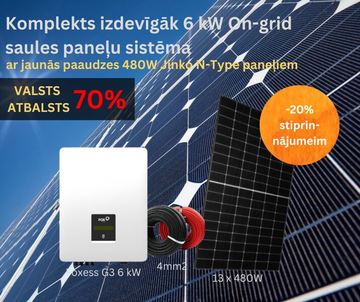 Komplekts: FoxESS 6kW WIFI invertors + 13 x 480W (6.24 kW) saules panelis + 100m kabelis